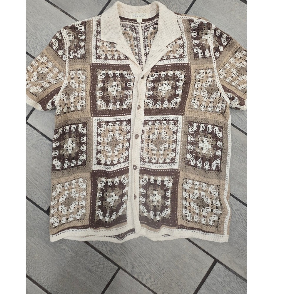 Morse Code Mens Crochet Granny Square Patchwork Shirt Brown Cream Boho Large